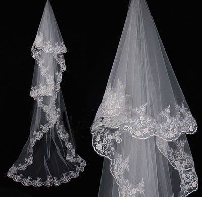 1T White/Ivory Chiffon Scarf/Shawl Bridal Wedding Embroider/Beads Veil 