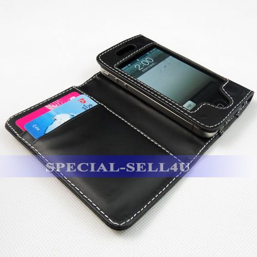 Wallet Slot Design Leather Flip Case Cover Pouch for iPhone 4 4S Black 
