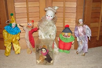 Vintage Lot Of 6 Porcelain Head Clown Mime Dolls  