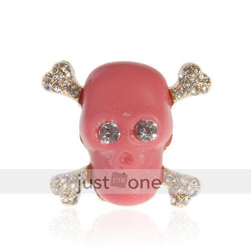   Women Lady Cubic Zirconia Big Pink Skull Shaped Design Ring Adjustable