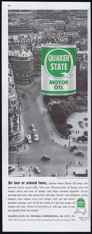 1959 Paris France Photo Quaker State Oil Vintage Print Ad  