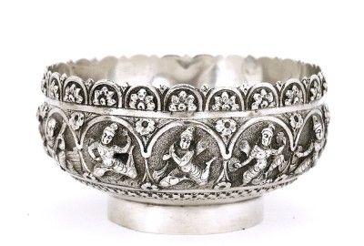 1900s India Indian Hindu Repousse Silver Bowl Buddha  