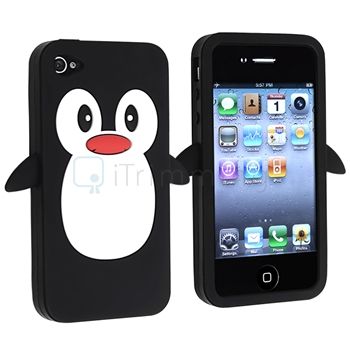 Penguin Black Rubber Soft Silicone Case Skin+Stylus Pen For iPhone 4 