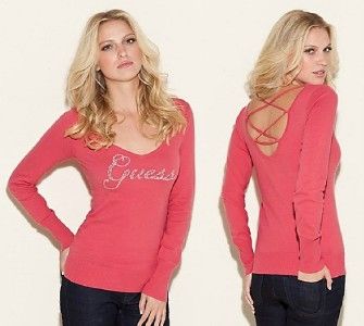 NEW GUESS RED ALETTE SWEATER CRYSTAL LOGO TOP CRISSCROSS OPEN BACK XS 
