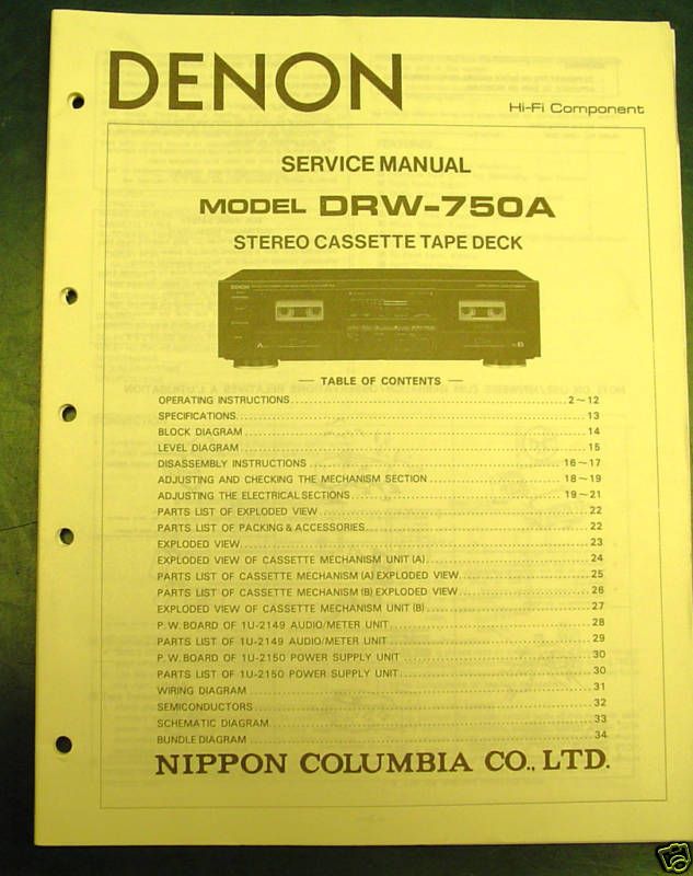DENON SERVICE MANUAL DRW 750A STEREO CASSETTE TAPE DECK  