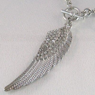 Crystal Angel Wing Silver Tone Pendant/Toggle Necklace  