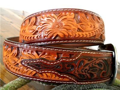 WESTERN HAND TOOLED LEATHER BELT & BUCKLE  